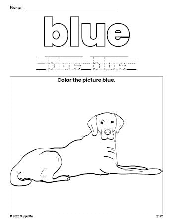 Free dog color blue coloring page and color worksheet, blue worksheet for preschoolers to learn colors, printable PDF