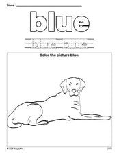 Free dog color blue coloring page and color worksheet, blue worksheet for preschoolers to learn colors, printable PDF