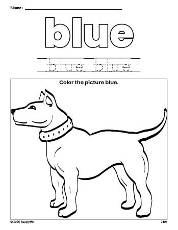 Free dog color blue coloring page and color worksheet, blue worksheet for preschoolers to learn colors, printable PDF