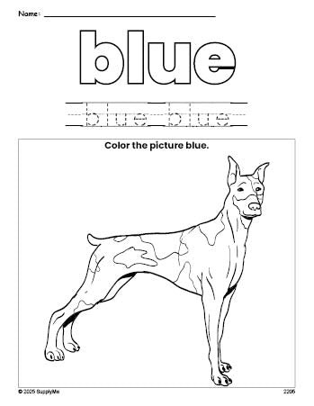 Free dog color blue coloring page and color worksheet, blue worksheet for preschoolers to learn colors, printable PDF