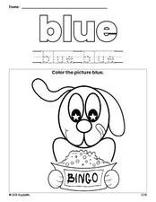 Free dog color blue coloring page and color worksheet, blue worksheet for preschoolers to learn colors, printable PDF