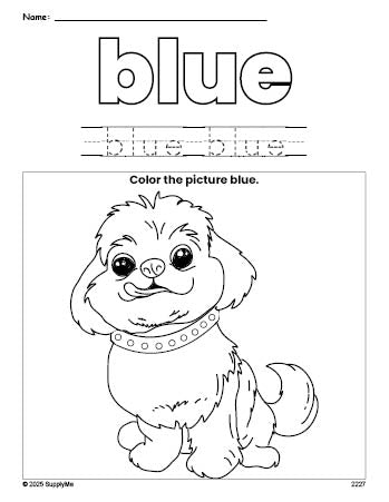 Free dog color blue coloring page and color worksheet, blue worksheet for preschoolers to learn colors, printable PDF