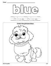 Free dog color blue coloring page and color worksheet, blue worksheet for preschoolers to learn colors, printable PDF