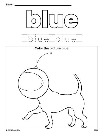 Free dog color blue coloring page and color worksheet, blue worksheet for preschoolers to learn colors, printable PDF