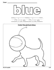 Free dog color blue coloring page and color worksheet, blue worksheet for preschoolers to learn colors, printable PDF