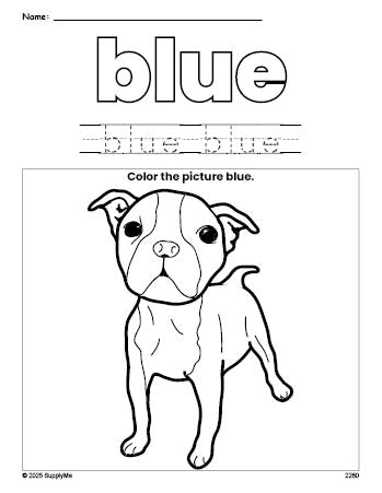 Free dog color blue coloring page and color worksheet, blue worksheet for preschoolers to learn colors, printable PDF