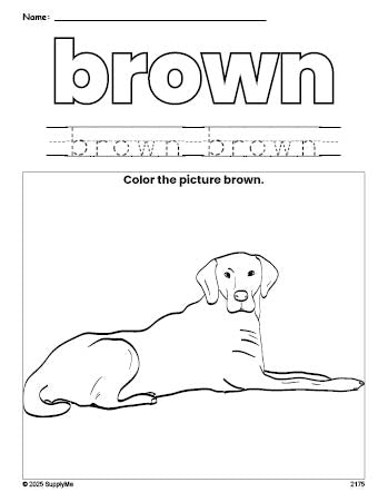 Free dog color brown coloring page and color worksheet, brown worksheet for preschoolers to learn colors, printable PDF