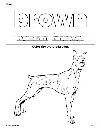 Free dog color brown coloring page and color worksheet, brown worksheet for preschoolers to learn colors, printable PDF