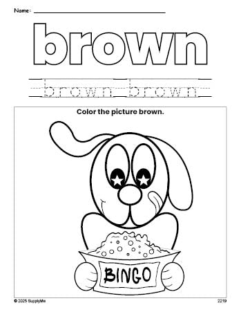 Free dog color brown coloring page and color worksheet, brown worksheet for preschoolers to learn colors, printable PDF