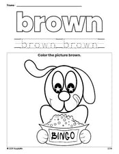 Free dog color brown coloring page and color worksheet, brown worksheet for preschoolers to learn colors, printable PDF