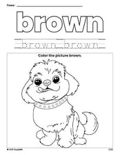 Free dog color brown coloring page and color worksheet, brown worksheet for preschoolers to learn colors, printable PDF