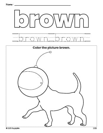 Free dog color brown coloring page and color worksheet, brown worksheet for preschoolers to learn colors, printable PDF