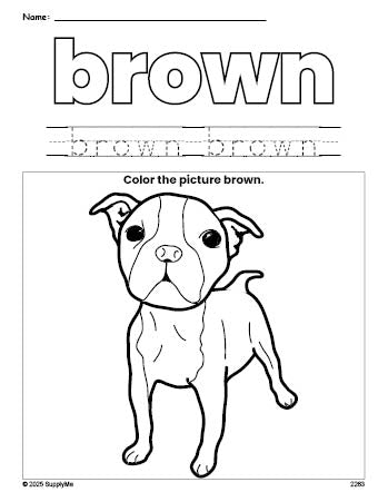 Free dog color brown coloring page and color worksheet, brown worksheet for preschoolers to learn colors, printable PDF