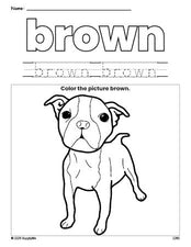 Free dog color brown coloring page and color worksheet, brown worksheet for preschoolers to learn colors, printable PDF