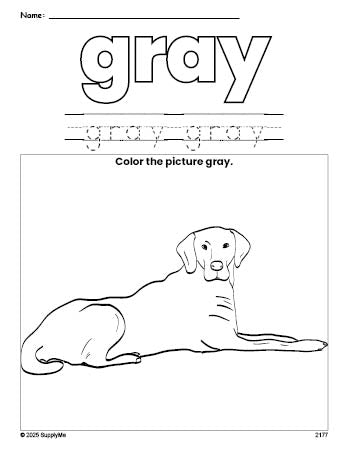 Free dog color gray coloring page and color worksheet, gray worksheet for preschoolers to learn colors, printable PDF