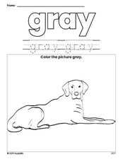 Free dog color gray coloring page and color worksheet, gray worksheet for preschoolers to learn colors, printable PDF