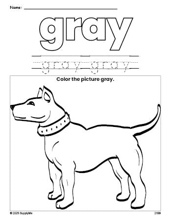 Free dog color gray coloring page and color worksheet, gray worksheet for preschoolers to learn colors, printable PDF