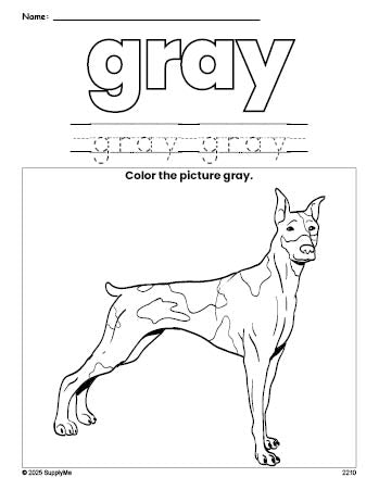 Free dog color gray coloring page and color worksheet, gray worksheet for preschoolers to learn colors, printable PDF