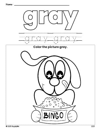 Free dog color gray coloring page and color worksheet, gray worksheet for preschoolers to learn colors, printable PDF