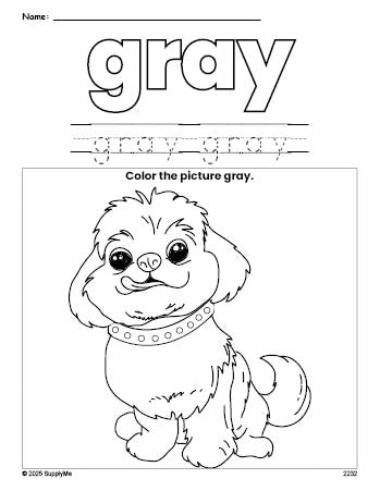 Free dog color gray coloring page and color worksheet, gray worksheet for preschoolers to learn colors, printable PDF