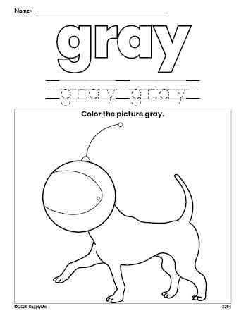 Free dog color gray coloring page and color worksheet, gray worksheet for preschoolers to learn colors, printable PDF