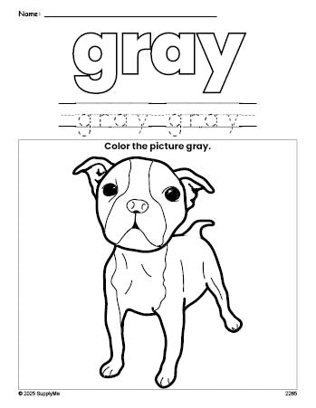 Free dog color gray coloring page and color worksheet, gray worksheet for preschoolers to learn colors, printable PDF