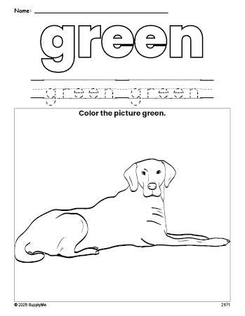 Free dog color green coloring page and color worksheet, green worksheet for preschoolers to learn colors, printable PDF