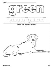 Free dog color green coloring page and color worksheet, green worksheet for preschoolers to learn colors, printable PDF