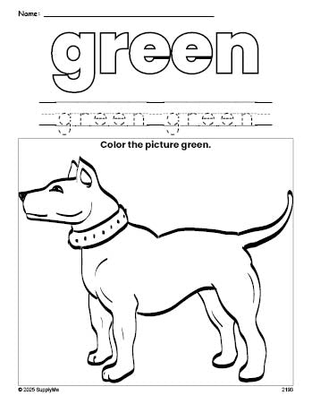 Free dog color green coloring page and color worksheet, green worksheet for preschoolers to learn colors, printable PDF