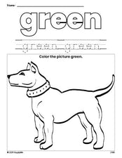 Free dog color green coloring page and color worksheet, green worksheet for preschoolers to learn colors, printable PDF