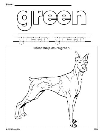 Free dog color green coloring page and color worksheet, green worksheet for preschoolers to learn colors, printable PDF