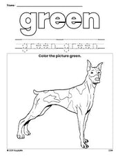 Free dog color green coloring page and color worksheet, green worksheet for preschoolers to learn colors, printable PDF