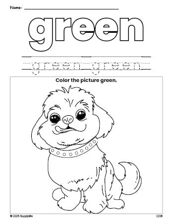 Free dog color green coloring page and color worksheet, green worksheet for preschoolers to learn colors, printable PDF