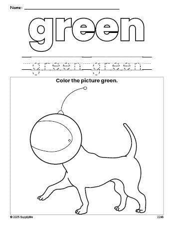 Free dog color green coloring page and color worksheet, green worksheet for preschoolers to learn colors, printable PDF