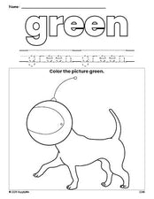 Free dog color green coloring page and color worksheet, green worksheet for preschoolers to learn colors, printable PDF