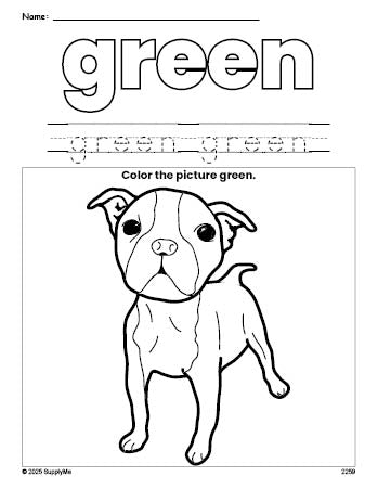 Free dog color green coloring page and color worksheet, green worksheet for preschoolers to learn colors, printable PDF