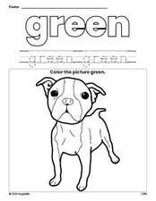 Free dog color green coloring page and color worksheet, green worksheet for preschoolers to learn colors, printable PDF