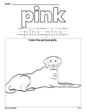 Free dog color pink coloring page and color worksheet, pink worksheet for preschoolers to learn colors, printable PDF