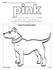 Free dog color pink coloring page and color worksheet, pink worksheet for preschoolers to learn colors, printable PDF