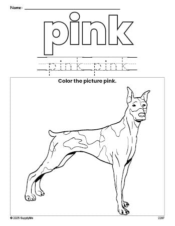 Free dog color pink coloring page and color worksheet, pink worksheet for preschoolers to learn colors, printable PDF