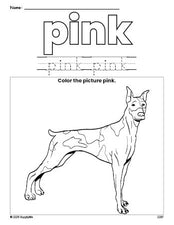 Free dog color pink coloring page and color worksheet, pink worksheet for preschoolers to learn colors, printable PDF