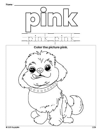 Free dog color pink coloring page and color worksheet, pink worksheet for preschoolers to learn colors, printable PDF