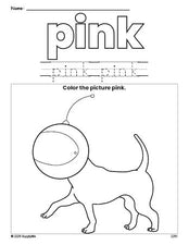 Free dog color pink coloring page and color worksheet, pink worksheet for preschoolers to learn colors, printable PDF