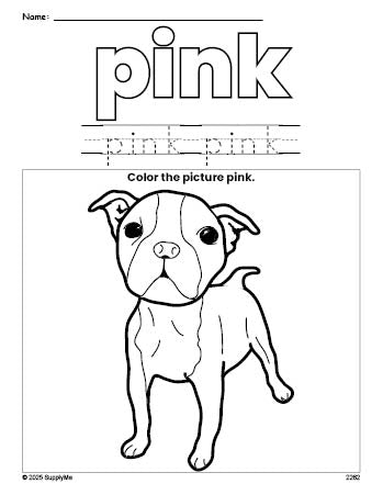 Free dog color pink coloring page and color worksheet, pink worksheet for preschoolers to learn colors, printable PDF