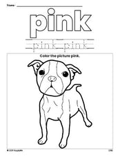 Free dog color pink coloring page and color worksheet, pink worksheet for preschoolers to learn colors, printable PDF