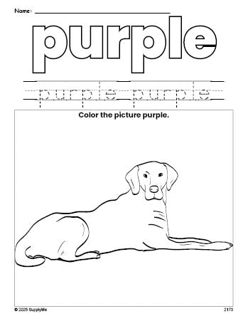 Free dog color purple coloring page and color worksheet, purple worksheet for preschoolers to learn colors, printable PDF