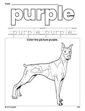 Free dog color purple coloring page and color worksheet, purple worksheet for preschoolers to learn colors, printable PDF