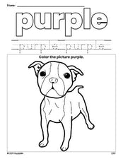 Free dog color purple coloring page and color worksheet, purple worksheet for preschoolers to learn colors, printable PDF