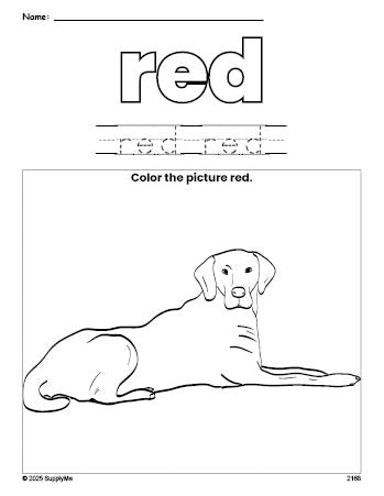 Free dog color red coloring page and color worksheet, red worksheet for preschoolers to learn colors, printable PDF