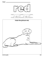 Free dog color red coloring page and color worksheet, red worksheet for preschoolers to learn colors, printable PDF